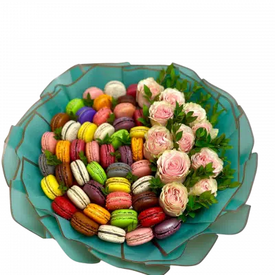 Luxurious bouquet featuring a variety of macarons and elegant roses, ideal for gifting in NYC, NJ, and CT.