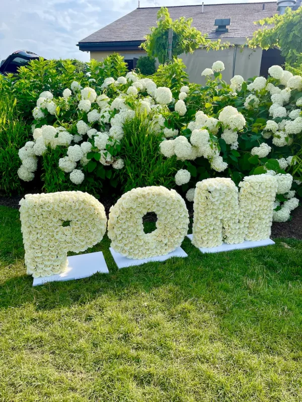 Three-foot standing floral letter with vibrant white blooms
