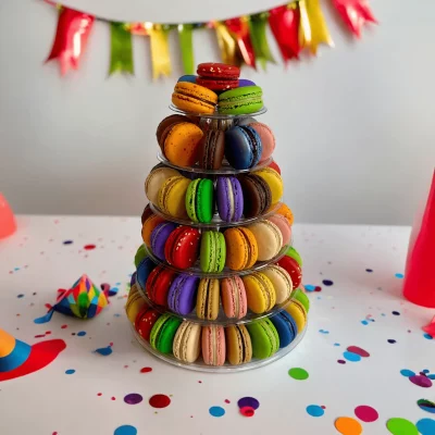 Macaron tower centerpiece with a variety of macaron flavors.