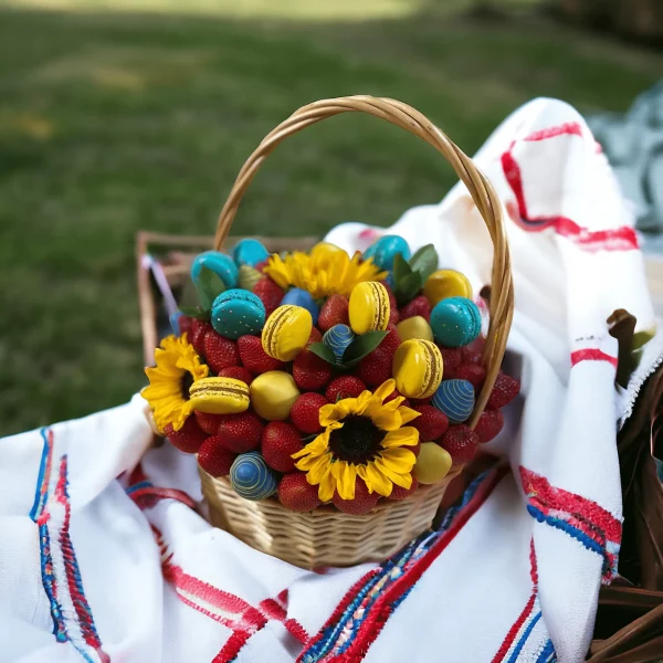 An inviting display of a Ukrainian themed gift basket, featuring fresh and chocolate covered strawberries alongside brightly colored macarons and sunflowers.