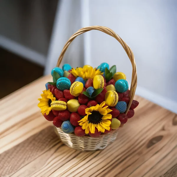 Detailed image of a gift basket celebrating Ukrainian culture, packed with delicious treats and fresh sunflowers, perfect for sharing or gifting.