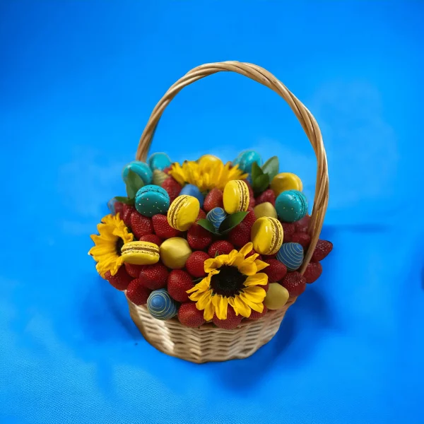 A beautifully arranged Ukrainian themed gift basket, emphasizing its vibrant color scheme and the mix of treats and sunflowers inside.