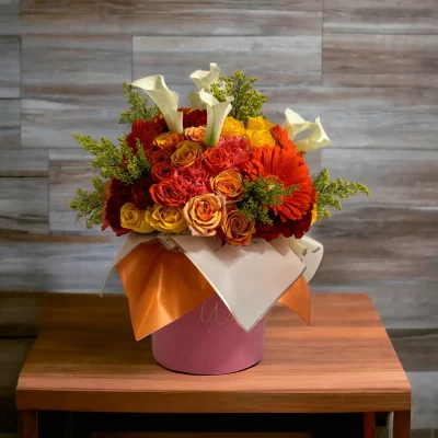 A detailed image of a bouquet inspired by the vibrancy of New York City, with an energetic mix of flowers in shades of yellow, orange, and red.