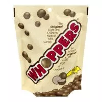Close-up of Whoppers malted milk balls, showcasing their round shape and chocolate-coated exterior.