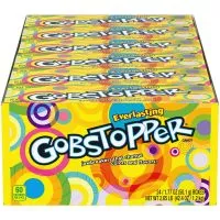 Close-up of colorful Gobstoppers candies, showcasing their round shape and layered, vibrant hues.