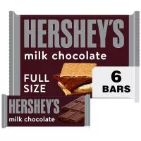 Close-up of a Hershey's milk chocolate bar, displaying its segmented blocks with the iconic Hershey's imprint.