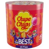 Close-up of a Chupa Chups lollipop, showcasing its vibrant color and iconic round shape on a stick.