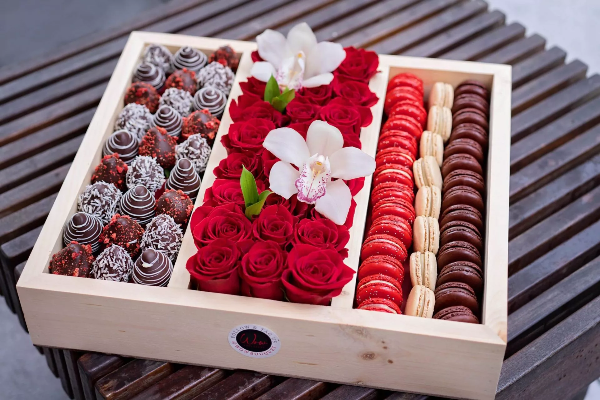 Mouthwatering chocolate-covered strawberries and macarons.