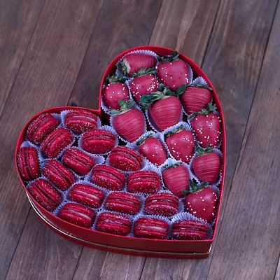Valentine's Red Macaron & Berry Box perfect for new couples celebrating love