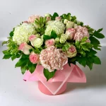 A detailed display of the Flower Box Allure featuring lush pink roses and vibrant hydrangeas, all beautifully arranged in a decorative hat box.