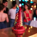 Delicious and colorful chocolate-covered strawberries in a tower