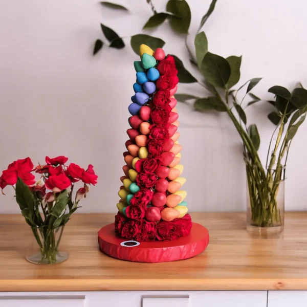 Colorful chocolate-covered strawberry tower for events